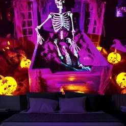 Halloween Decorations Skeleton Blacklight Tapestry UV Reactive Glow in the Dark Glow Party Trippy Misty Pumpkin Lights Hanging Tapestry Wall Art Mural for Living Room Bedroom