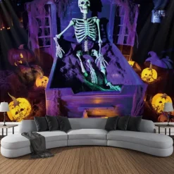 Halloween Decorations Skeleton Blacklight Tapestry UV Reactive Glow in the Dark Glow Party Trippy Misty Pumpkin Lights Hanging Tapestry Wall Art Mural for Living Room Bedroom
