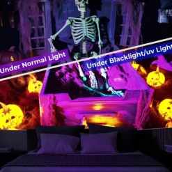 Halloween Decorations Skeleton Blacklight Tapestry UV Reactive Glow in the Dark Glow Party Trippy Misty Pumpkin Lights Hanging Tapestry Wall Art Mural for Living Room Bedroom
