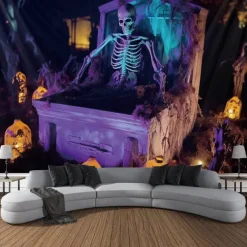 Halloween Decorations Skeleton Blacklight Tapestry UV Reactive Glow in the Dark Glow Party Trippy Misty Pumpkin Lights Hanging Tapestry Wall Art Mural for Living Room Bedroom