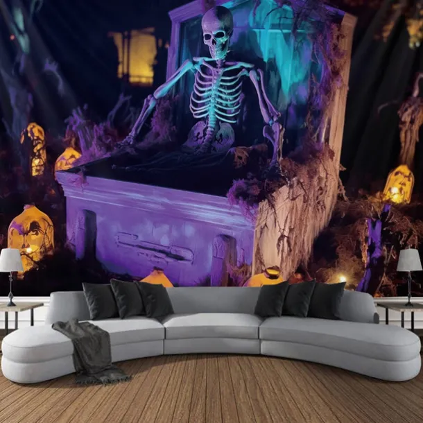 Halloween Decorations Skeleton Blacklight Tapestry UV Reactive Glow in the Dark Glow Party Trippy Misty Pumpkin Lights Hanging Tapestry Wall Art Mural for Living Room Bedroom