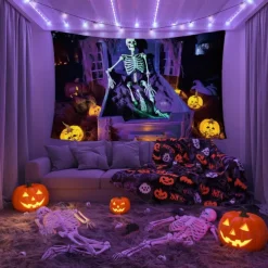 Halloween Decorations Skeleton Blacklight Tapestry UV Reactive Glow in the Dark Glow Party Trippy Misty Pumpkin Lights Hanging Tapestry Wall Art Mural for Living Room Bedroom