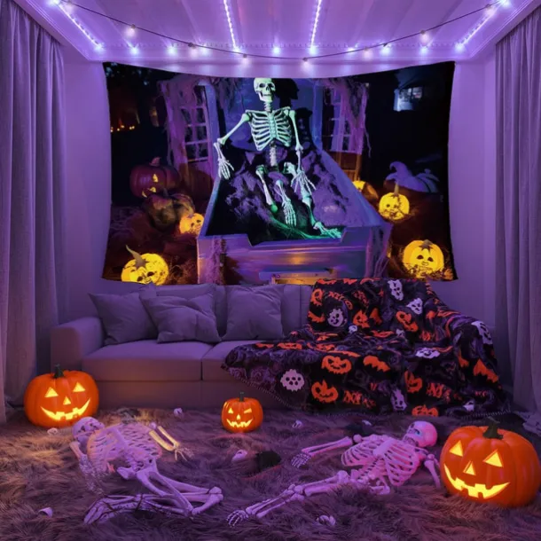 Halloween Decorations Skeleton Blacklight Tapestry UV Reactive Glow in the Dark Glow Party Trippy Misty Pumpkin Lights Hanging Tapestry Wall Art Mural for Living Room Bedroom