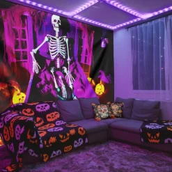 Halloween Decorations Skeleton Blacklight Tapestry UV Reactive Glow in the Dark Glow Party Trippy Misty Pumpkin Lights Hanging Tapestry Wall Art Mural for Living Room Bedroom