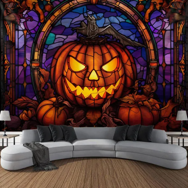 Halloween Decorations Tapestry Jack O Lantern Pumpkin Decor Wall Art Large Hanging Tapestry Mural Decor Photograph Backdrop Blanket Curtain Home Bedroom Living Room Stained Glass Bat