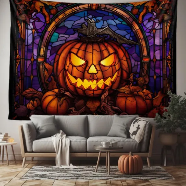 Halloween Decorations Tapestry Jack O Lantern Pumpkin Decor Wall Art Large Hanging Tapestry Mural Decor Photograph Backdrop Blanket Curtain Home Bedroom Living Room Stained Glass Bat