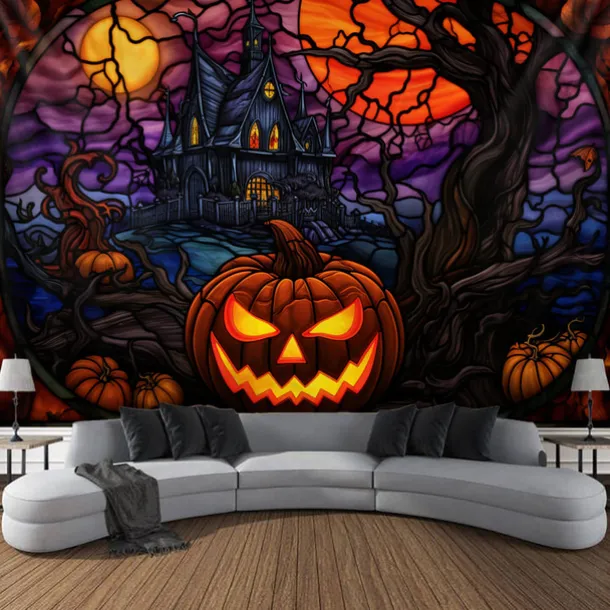 Halloween Decorations Tapestry Jack O Lantern Pumpkin Decor Wall Art Large Hanging Tapestry Mural Decor Photograph Backdrop Blanket Curtain Home Bedroom Living Room Stained Glass Bat