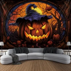 Halloween Decorations Tapestry Jack O Lantern Pumpkin Decor Wall Art Large Hanging Tapestry Mural Decor Photograph Backdrop Blanket Curtain Home Bedroom Living Room Stained Glass Bat