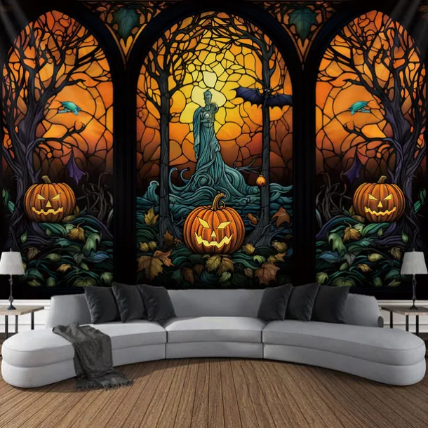 Halloween Decorations Tapestry Jack O Lantern Pumpkin Decor Wall Art Large Hanging Tapestry Mural Decor Photograph Backdrop Blanket Curtain Home Bedroom Living Room Stained Glass Bat