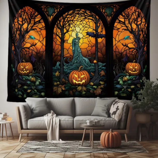 Halloween Decorations Tapestry Jack O Lantern Pumpkin Decor Wall Art Large Hanging Tapestry Mural Decor Photograph Backdrop Blanket Curtain Home Bedroom Living Room Stained Glass Bat