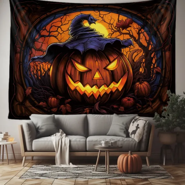 Halloween Decorations Tapestry Jack O Lantern Pumpkin Decor Wall Art Large Hanging Tapestry Mural Decor Photograph Backdrop Blanket Curtain Home Bedroom Living Room Stained Glass Bat