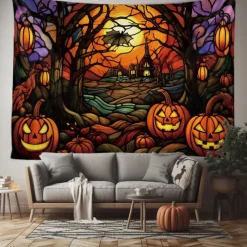 Halloween Decorations Tapestry Jack O Lantern Pumpkin Decor Wall Art Large Hanging Tapestry Mural Decor Photograph Backdrop Blanket Curtain Home Bedroom Living Room Stained Glass Bat