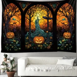 Halloween Decorations Tapestry Jack O Lantern Pumpkin Decor Wall Art Large Hanging Tapestry Mural Decor Photograph Backdrop Blanket Curtain Home Bedroom Living Room Stained Glass Bat