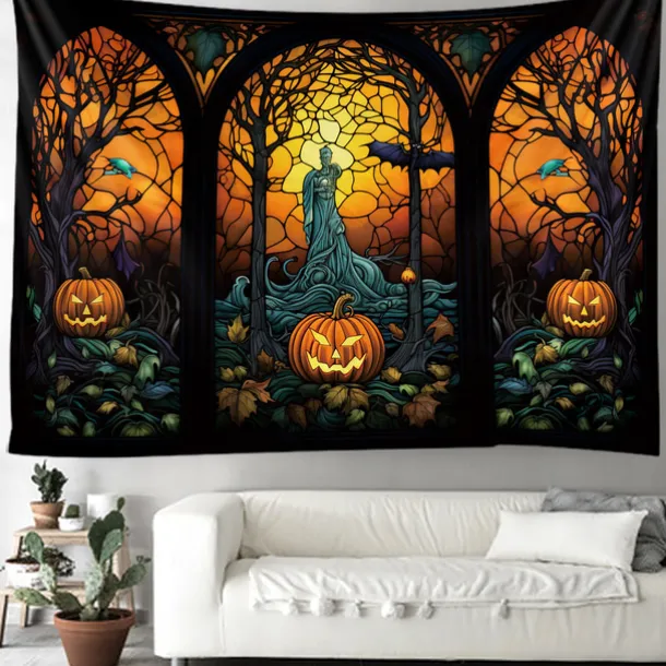 Halloween Decorations Tapestry Jack O Lantern Pumpkin Decor Wall Art Large Hanging Tapestry Mural Decor Photograph Backdrop Blanket Curtain Home Bedroom Living Room Stained Glass Bat
