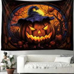 Halloween Decorations Tapestry Jack O Lantern Pumpkin Decor Wall Art Large Hanging Tapestry Mural Decor Photograph Backdrop Blanket Curtain Home Bedroom Living Room Stained Glass Bat