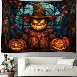 Halloween Decorations Tapestry Jack O Lantern Pumpkin Decor Wall Art Large Hanging Tapestry Mural Decor Photograph Backdrop Blanket Curtain Home Bedroom Living Room Stained Glass Bat