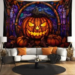 Halloween Decorations Tapestry Jack O Lantern Pumpkin Decor Wall Art Large Hanging Tapestry Mural Decor Photograph Backdrop Blanket Curtain Home Bedroom Living Room Stained Glass Bat