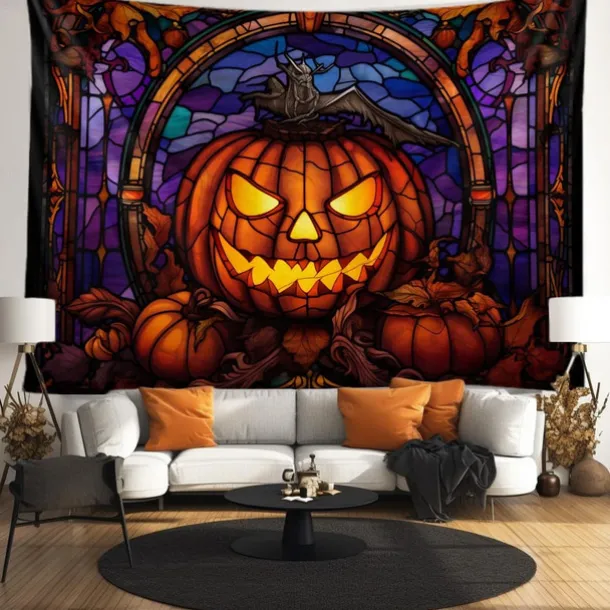 Halloween Decorations Tapestry Jack O Lantern Pumpkin Decor Wall Art Large Hanging Tapestry Mural Decor Photograph Backdrop Blanket Curtain Home Bedroom Living Room Stained Glass Bat
