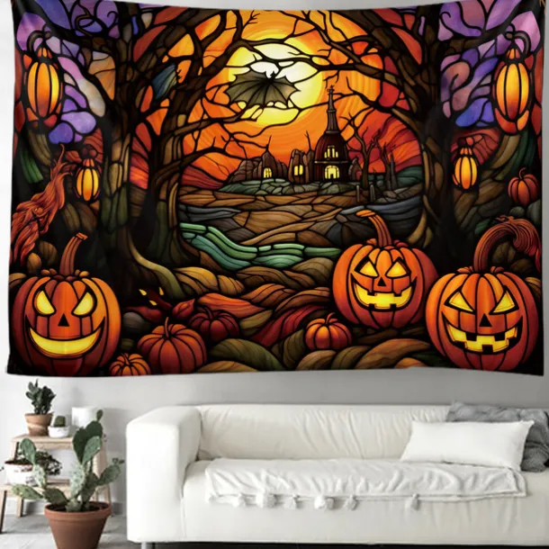 Halloween Decorations Tapestry Jack O Lantern Pumpkin Decor Wall Art Large Hanging Tapestry Mural Decor Photograph Backdrop Blanket Curtain Home Bedroom Living Room Stained Glass Bat