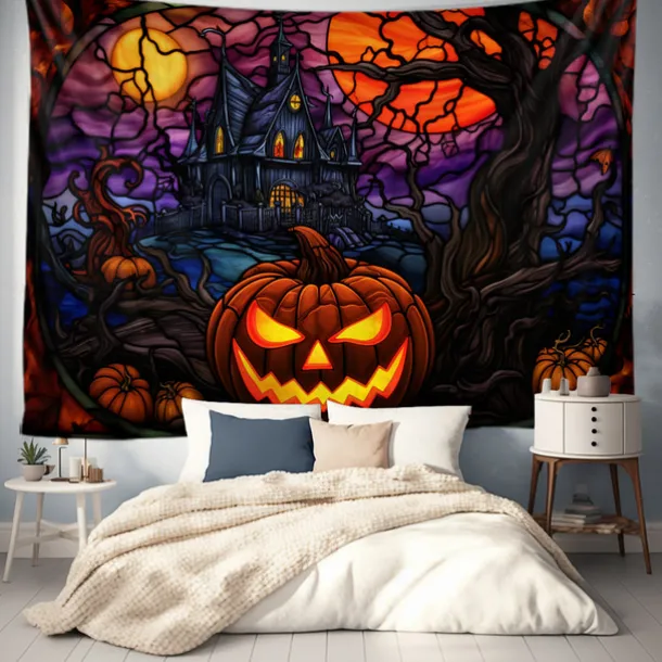 Halloween Decorations Tapestry Jack O Lantern Pumpkin Decor Wall Art Large Hanging Tapestry Mural Decor Photograph Backdrop Blanket Curtain Home Bedroom Living Room Stained Glass Bat