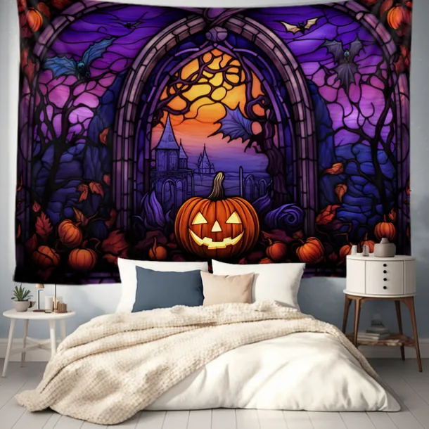 Halloween Decorations Tapestry Jack O Lantern Pumpkin Decor Wall Art Large Hanging Tapestry Mural Decor Photograph Backdrop Blanket Curtain Home Bedroom Living Room Stained Glass Bat