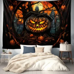 Halloween Decorations Tapestry Jack O Lantern Pumpkin Decor Wall Art Large Hanging Tapestry Mural Decor Photograph Backdrop Blanket Curtain Home Bedroom Living Room Stained Glass Bat