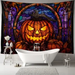 Halloween Decorations Tapestry Jack O Lantern Pumpkin Decor Wall Art Large Hanging Tapestry Mural Decor Photograph Backdrop Blanket Curtain Home Bedroom Living Room Stained Glass Bat