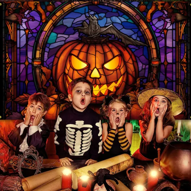 Halloween Decorations Tapestry Jack O Lantern Pumpkin Decor Wall Art Large Hanging Tapestry Mural Decor Photograph Backdrop Blanket Curtain Home Bedroom Living Room Stained Glass Bat