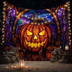 Halloween Decorations Tapestry Jack O Lantern Pumpkin Decor Wall Art Large Hanging Tapestry Mural Decor Photograph Backdrop Blanket Curtain Home Bedroom Living Room Stained Glass Bat