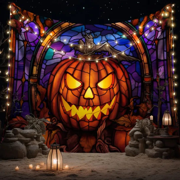 Halloween Decorations Tapestry Jack O Lantern Pumpkin Decor Wall Art Large Hanging Tapestry Mural Decor Photograph Backdrop Blanket Curtain Home Bedroom Living Room Stained Glass Bat