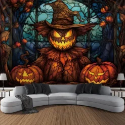 Halloween Decorations Tapestry Jack O Lantern Pumpkin Decor Wall Art Large Hanging Tapestry Mural Decor Photograph Backdrop Blanket Curtain Home Bedroom Living Room Stained Glass Bat