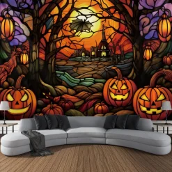Halloween Decorations Tapestry Jack O Lantern Pumpkin Decor Wall Art Large Hanging Tapestry Mural Decor Photograph Backdrop Blanket Curtain Home Bedroom Living Room Stained Glass Bat
