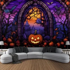 Halloween Decorations Tapestry Jack O Lantern Pumpkin Decor Wall Art Large Hanging Tapestry Mural Decor Photograph Backdrop Blanket Curtain Home Bedroom Living Room Stained Glass Bat