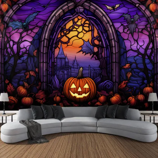 Halloween Decorations Tapestry Jack O Lantern Pumpkin Decor Wall Art Large Hanging Tapestry Mural Decor Photograph Backdrop Blanket Curtain Home Bedroom Living Room Stained Glass Bat