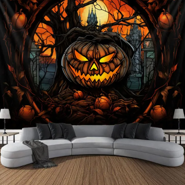 Halloween Decorations Tapestry Jack O Lantern Pumpkin Decor Wall Art Large Hanging Tapestry Mural Decor Photograph Backdrop Blanket Curtain Home Bedroom Living Room Stained Glass Bat