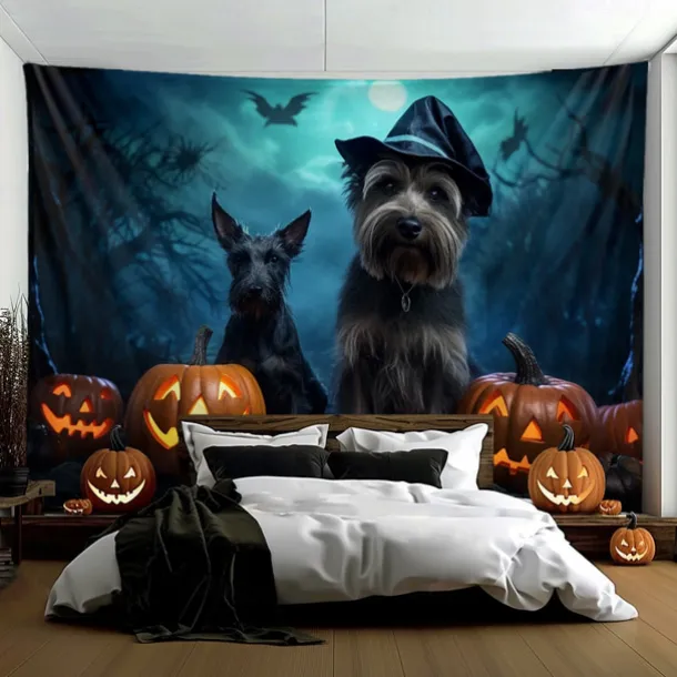 Halloween Decorations Tapestry Carved Pumpkin Dog Hanging Wall Art Large Tapestry Mural Decor Photograph Backdrop Blanket Curtain Home Bedroom Living Room