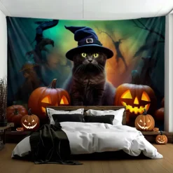 Halloween Decorations Tapestry Carved Pumpkin Dog Hanging Wall Art Large Tapestry Mural Decor Photograph Backdrop Blanket Curtain Home Bedroom Living Room