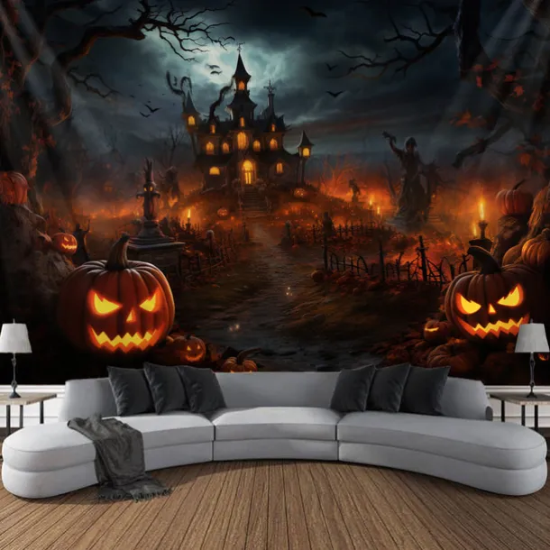Halloween Decorations Tapestry Jack O Lantern Pumpkin Decor Wall Art Large Hanging Tapestry Mural Photograph Backdrop Blanket Curtain Home Bedroom Living Room Bats Haunted House Graveyard