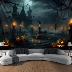 Halloween Decorations Tapestry Jack O Lantern Pumpkin Decor Wall Art Large Hanging Tapestry Mural Photograph Backdrop Blanket Curtain Home Bedroom Living Room Bats Haunted House Graveyard