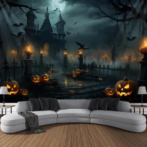 Halloween Decorations Tapestry Jack O Lantern Pumpkin Decor Wall Art Large Hanging Tapestry Mural Photograph Backdrop Blanket Curtain Home Bedroom Living Room Bats Haunted House Graveyard