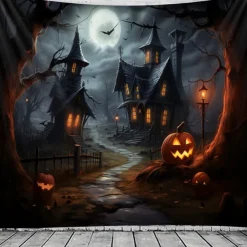 Halloween Decorations Tapestry Jack O Lantern Pumpkin Decor Wall Art Large Hanging Tapestry Mural Photograph Backdrop Blanket Curtain Home Bedroom Living Room Bats Haunted House Graveyard