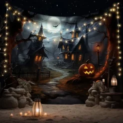 Halloween Decorations Tapestry Jack O Lantern Pumpkin Decor Wall Art Large Hanging Tapestry Mural Photograph Backdrop Blanket Curtain Home Bedroom Living Room Bats Haunted House Graveyard