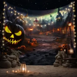 Halloween Decorations Tapestry Jack O Lantern Pumpkin Decor Wall Art Large Hanging Tapestry Mural Photograph Backdrop Blanket Curtain Home Bedroom Living Room Bats Haunted House Graveyard