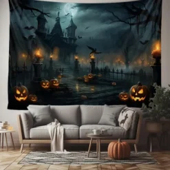 Halloween Decorations Tapestry Jack O Lantern Pumpkin Decor Wall Art Large Hanging Tapestry Mural Photograph Backdrop Blanket Curtain Home Bedroom Living Room Bats Haunted House Graveyard