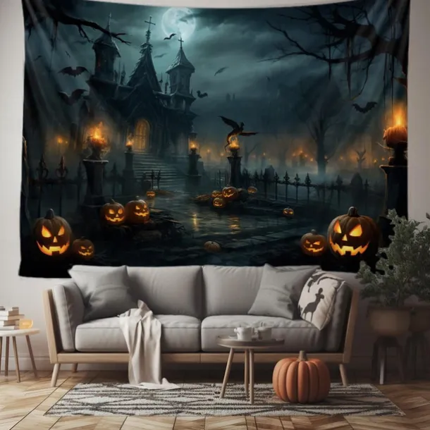 Halloween Decorations Tapestry Jack O Lantern Pumpkin Decor Wall Art Large Hanging Tapestry Mural Photograph Backdrop Blanket Curtain Home Bedroom Living Room Bats Haunted House Graveyard