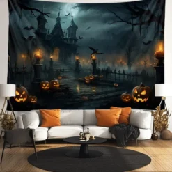 Halloween Decorations Tapestry Jack O Lantern Pumpkin Decor Wall Art Large Hanging Tapestry Mural Photograph Backdrop Blanket Curtain Home Bedroom Living Room Bats Haunted House Graveyard