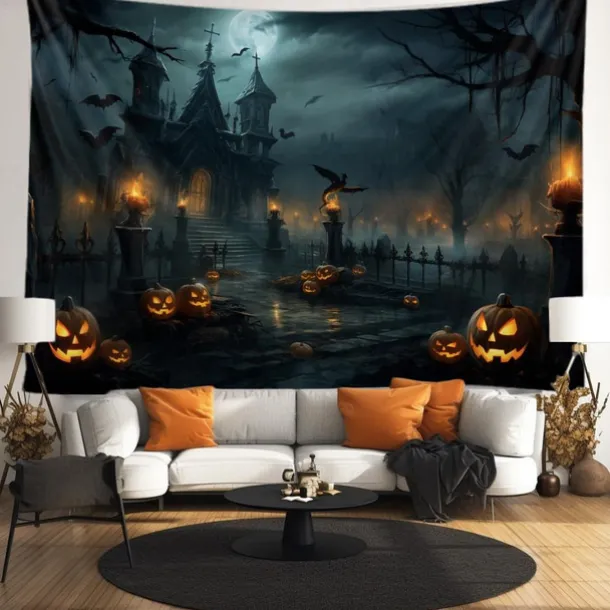 Halloween Decorations Tapestry Jack O Lantern Pumpkin Decor Wall Art Large Hanging Tapestry Mural Photograph Backdrop Blanket Curtain Home Bedroom Living Room Bats Haunted House Graveyard