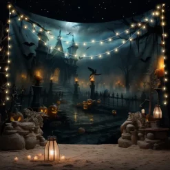 Halloween Decorations Tapestry Jack O Lantern Pumpkin Decor Wall Art Large Hanging Tapestry Mural Photograph Backdrop Blanket Curtain Home Bedroom Living Room Bats Haunted House Graveyard