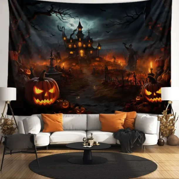 Halloween Decorations Tapestry Jack O Lantern Pumpkin Decor Wall Art Large Hanging Tapestry Mural Photograph Backdrop Blanket Curtain Home Bedroom Living Room Bats Haunted House Graveyard