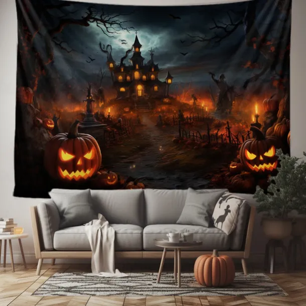 Halloween Decorations Tapestry Jack O Lantern Pumpkin Decor Wall Art Large Hanging Tapestry Mural Photograph Backdrop Blanket Curtain Home Bedroom Living Room Bats Haunted House Graveyard